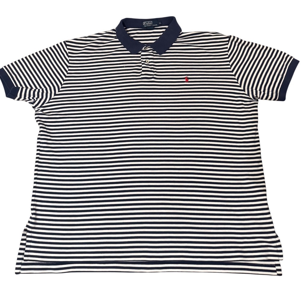 Polo Ralph Lauren Mens XL Navy Blue White Striped Short Sleeve Pique Polo Shirt